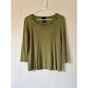 RQT Petite Olive Green Ribbed Knit Embellished Scoop Neck Sweater Top PL